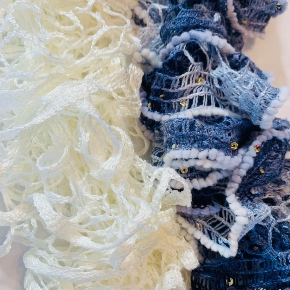 Hand crafted crocheted bell Denim Ivory 2 Piece Scarf set whimsical gypsy